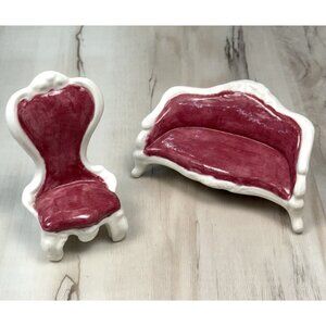 VTG Lot 2 Ceramic Handpainted Pink/White Victorian SOFA & CHAIR Dollhouse EUC